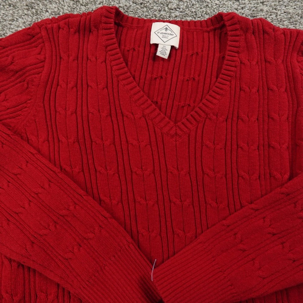 St Johns Bay Sweater Womens XL Red 3D Chunky Aran Cable Knit V Neck Pullover